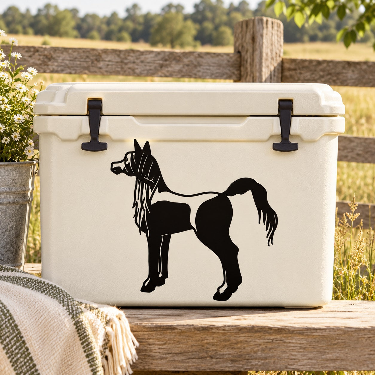Black horse silhouette decal with detailed mane and tail on white background