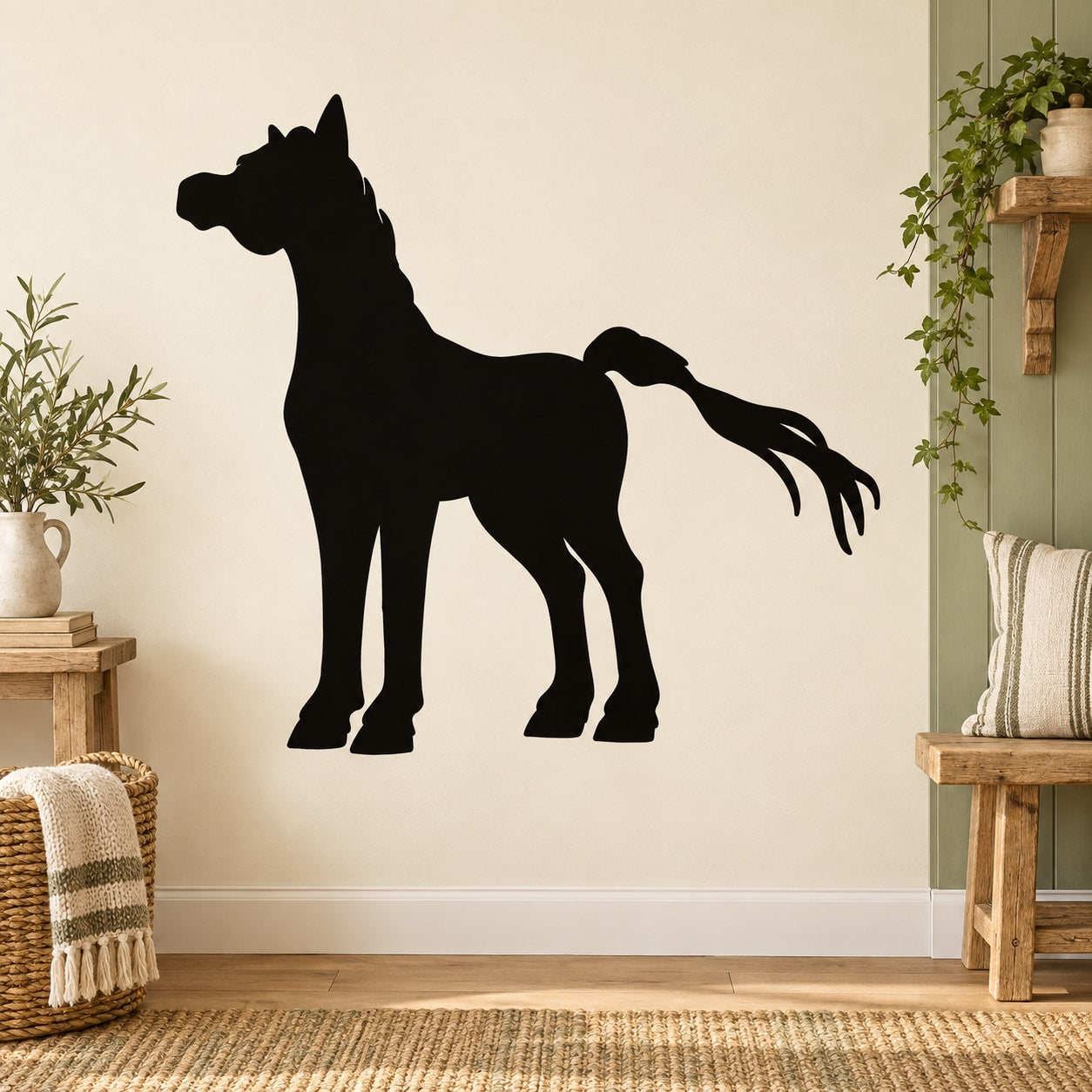 Black pony silhouette wall decal, majestic profile with raised mane and tail