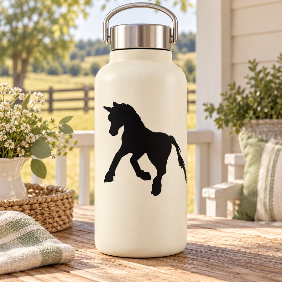 Black galloping pony decal on a light bottle