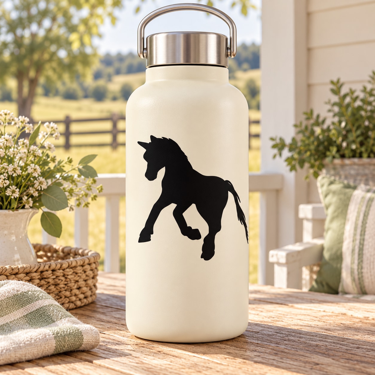 Black galloping pony decal on a light bottle