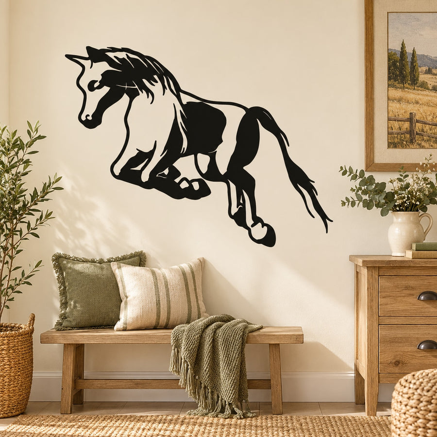 Leaping pony wall decal with bold black silhouette, easy stick-on design