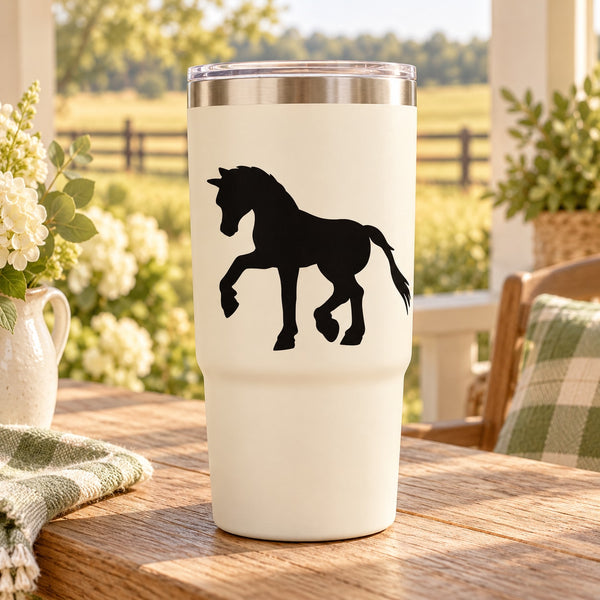 Walking pony silhouette decal on white tumbler