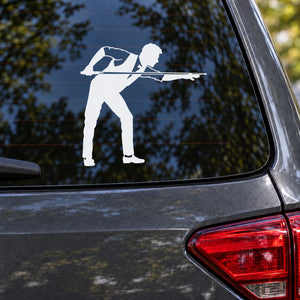 White pool player silhouette vinyl car window decal with cue stick