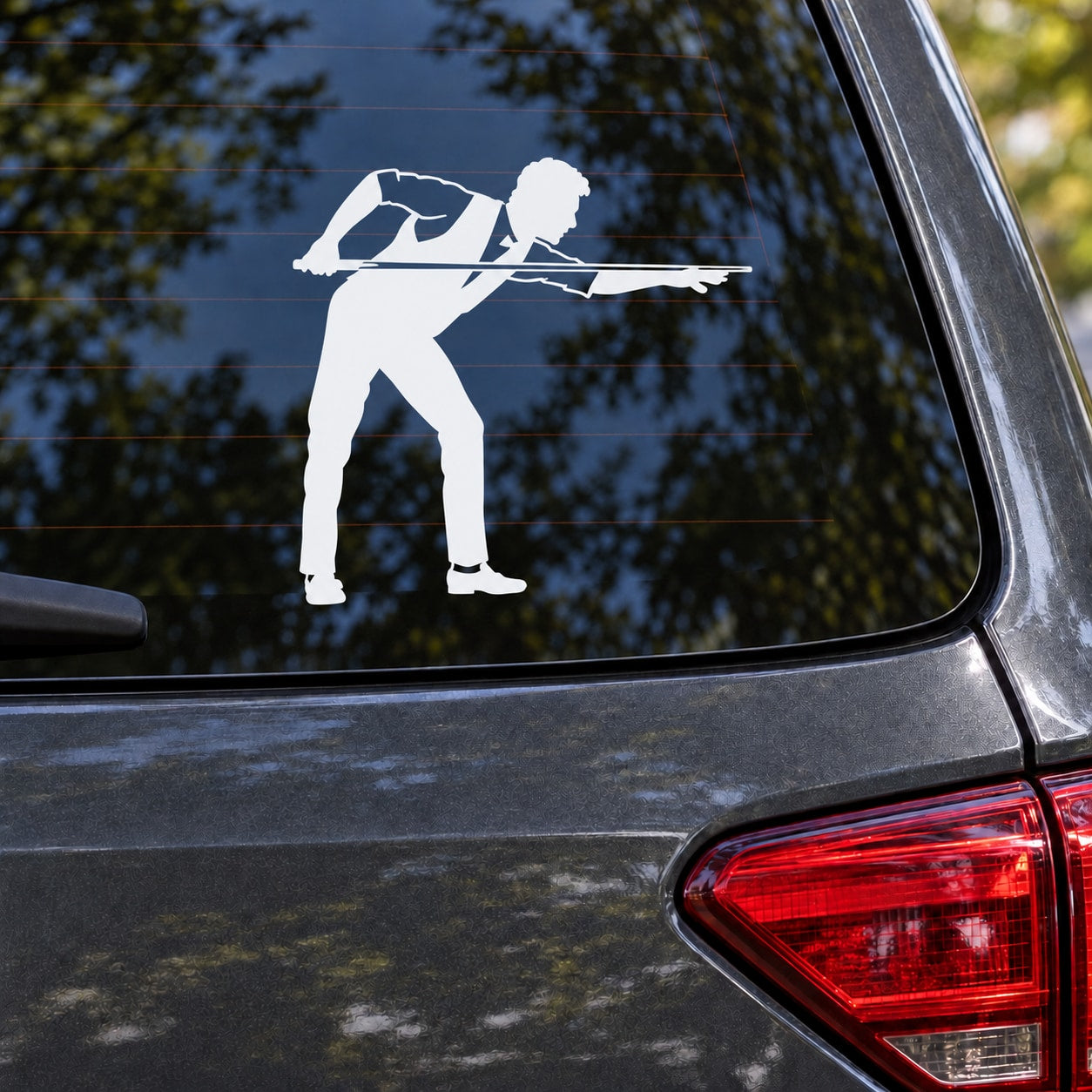 White pool player silhouette vinyl car window decal with cue stick
