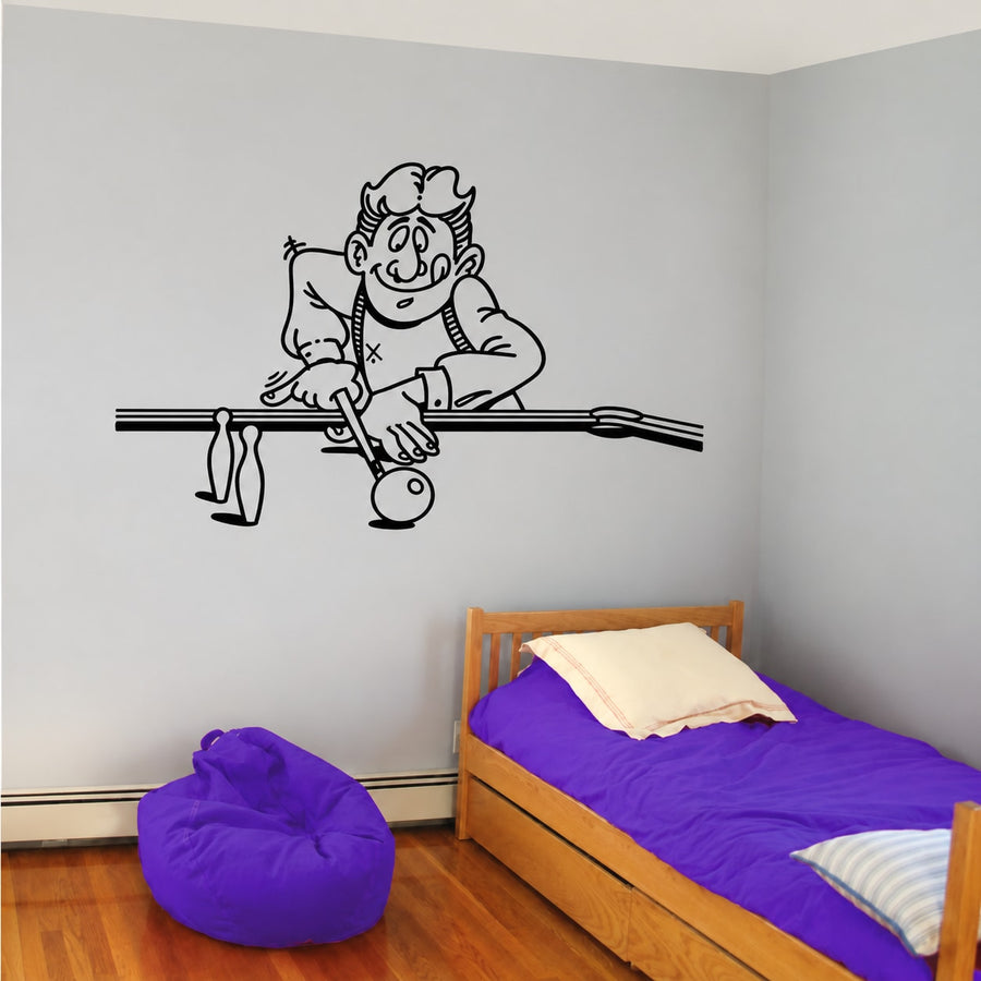 Cartoon pool player wall decal, black line art of pool shooter with cue stick and ball
