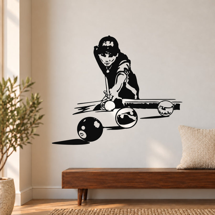 Black pool player shot wall decal with cue stick and pool balls silhouette