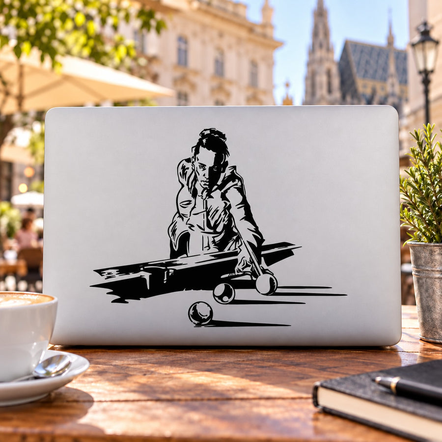 White rectangular card with black billiards player aiming at ball decal