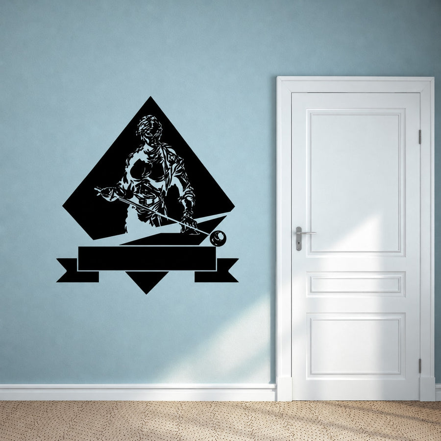 Black billiards player ribbon decal in diamond frame with cue and ball