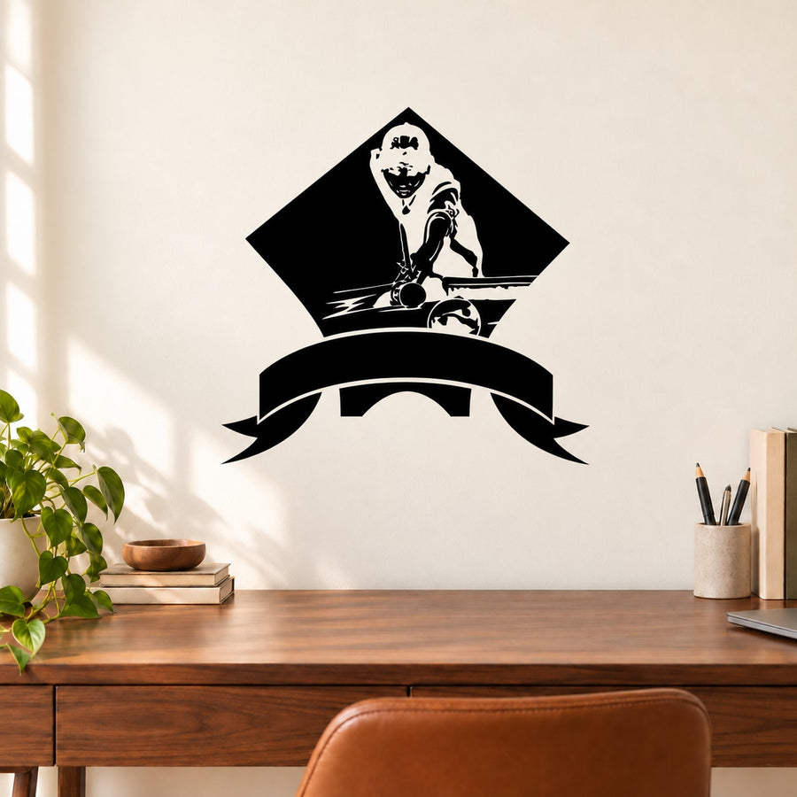 Black billiards player ribbon wall decal with diamond frame and cue stick