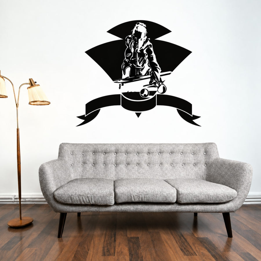 Billiards player framing banner decal, black and white silhouette on ribbon