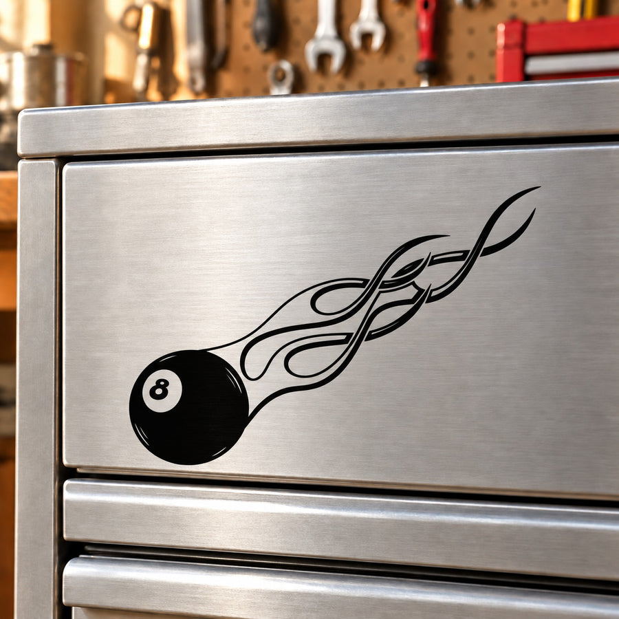 Flaming 8 ball decal with black 8-ball and flame graphic on silver surface