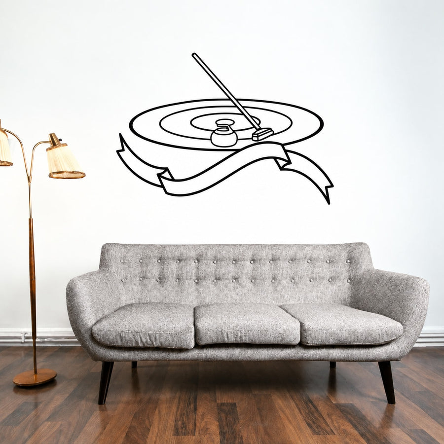 Curling stone broom and ribbon wall decal, black outline with curling stone and broom icon