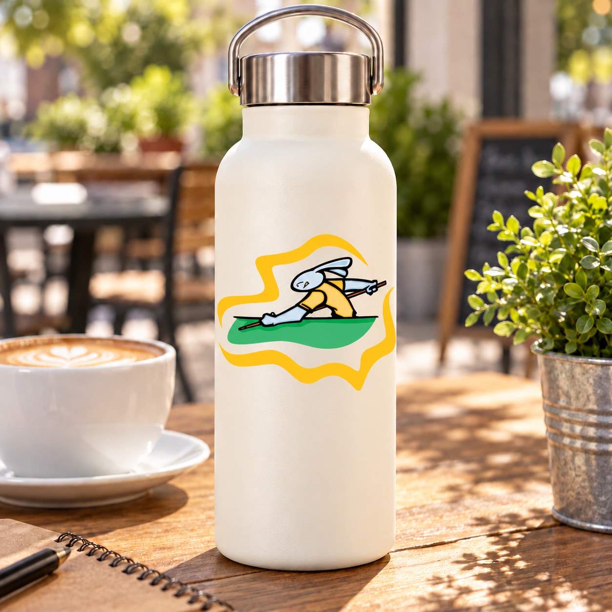 Water bottle with billiard bunny aiming decal