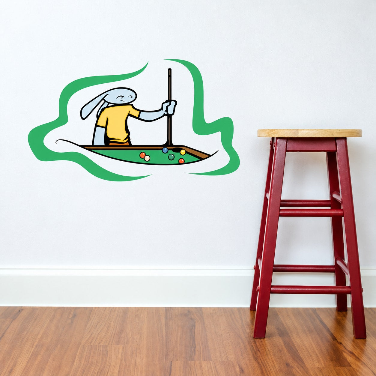 Colorful billiard bunny wall decal, green swirl with cue stick and pool balls