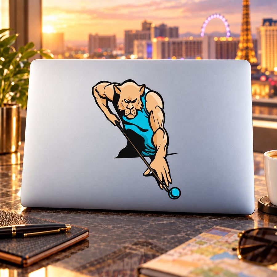 Cartoon cool cat billiard sticker: tan cat in blue shirt aiming a pool cue