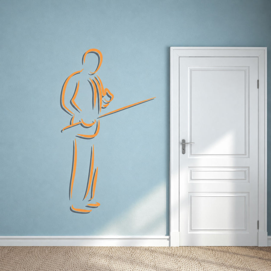 Billiard player wall decal: standing figure holding cue stick, orange outline