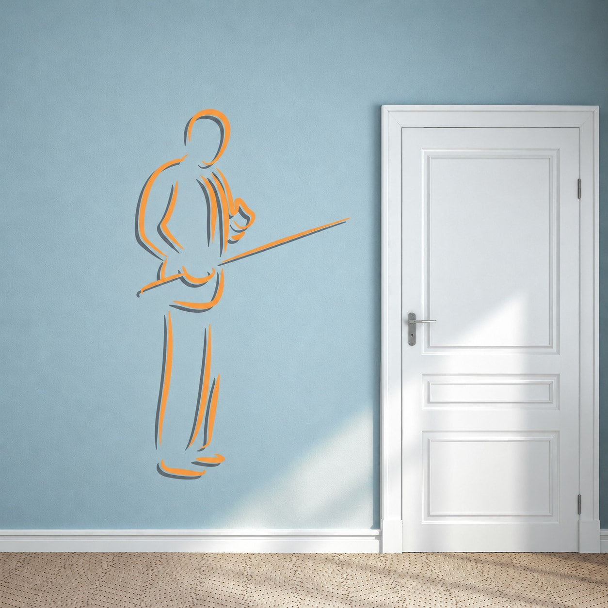 Billiard player wall decal: standing figure holding cue stick, orange outline