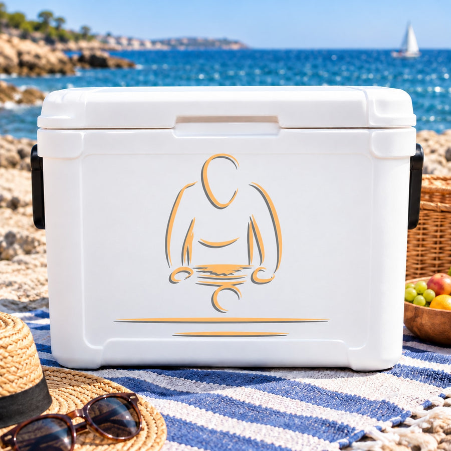 White cooler with billiard player watching ball decal in gray and orange line art