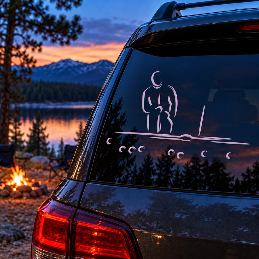 Purple billiard player outline decal on car rear window