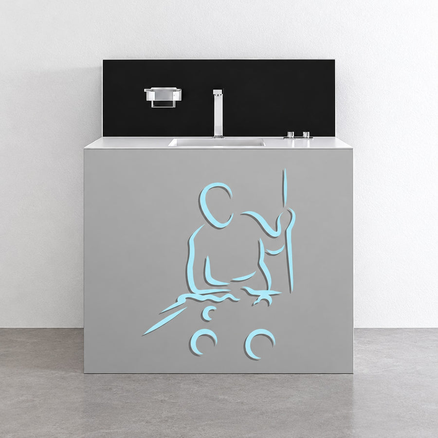 Billiard player pondering wall decal, light blue silhouette on gray surface