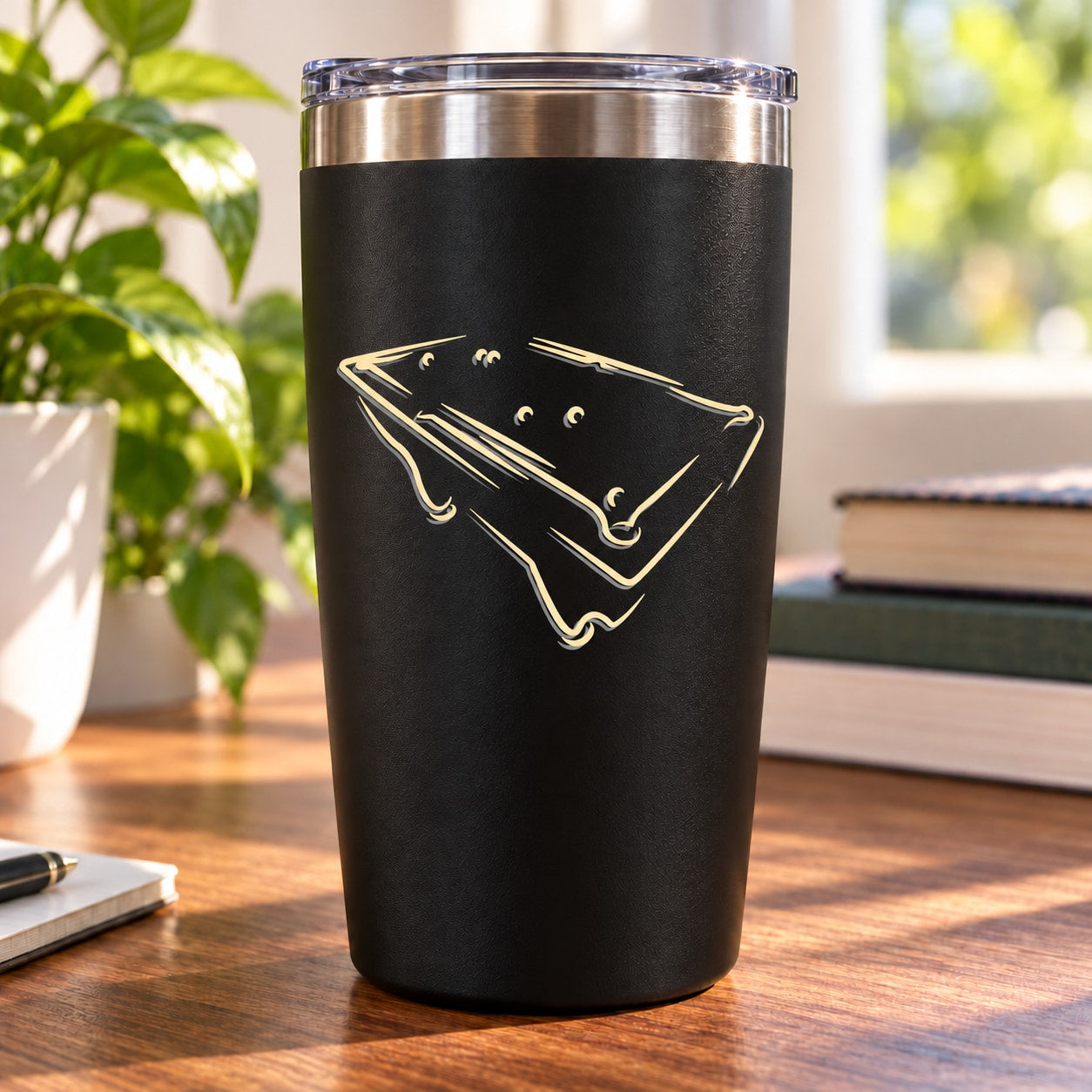 Billiard angled table decal on black tumbler with pool table outline