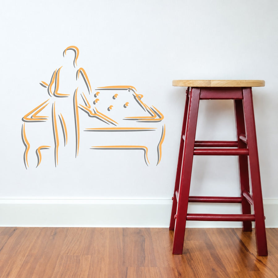 Billiard wall decal featuring an orange-outlined player aiming at a pool table