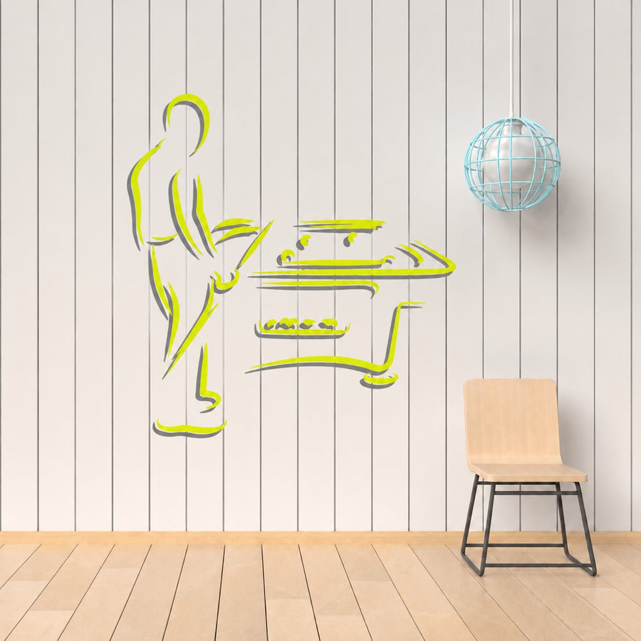 Billiard table decal with a neon-outline player ready to shoot at the table