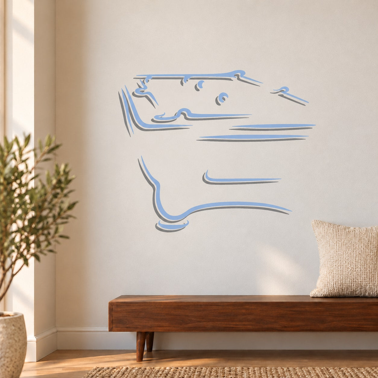 Blue billiard-style table decal with curved lines on a wall