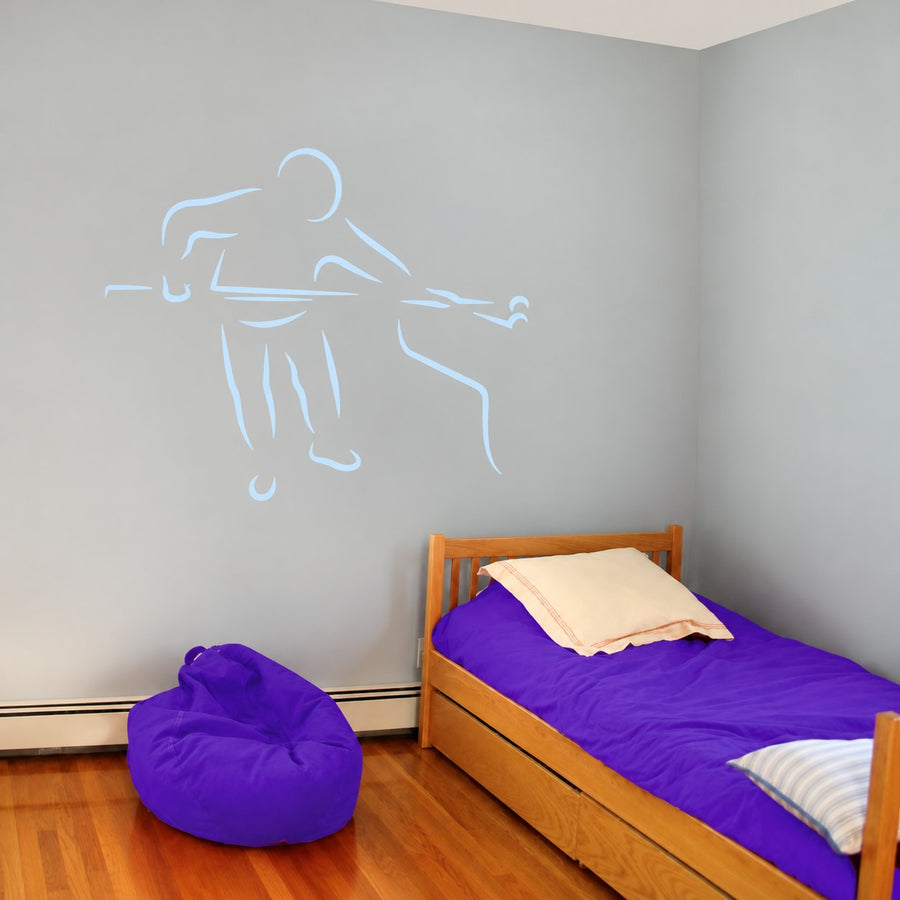 Billiard player cue stick wall decal with light blue outline silhouette