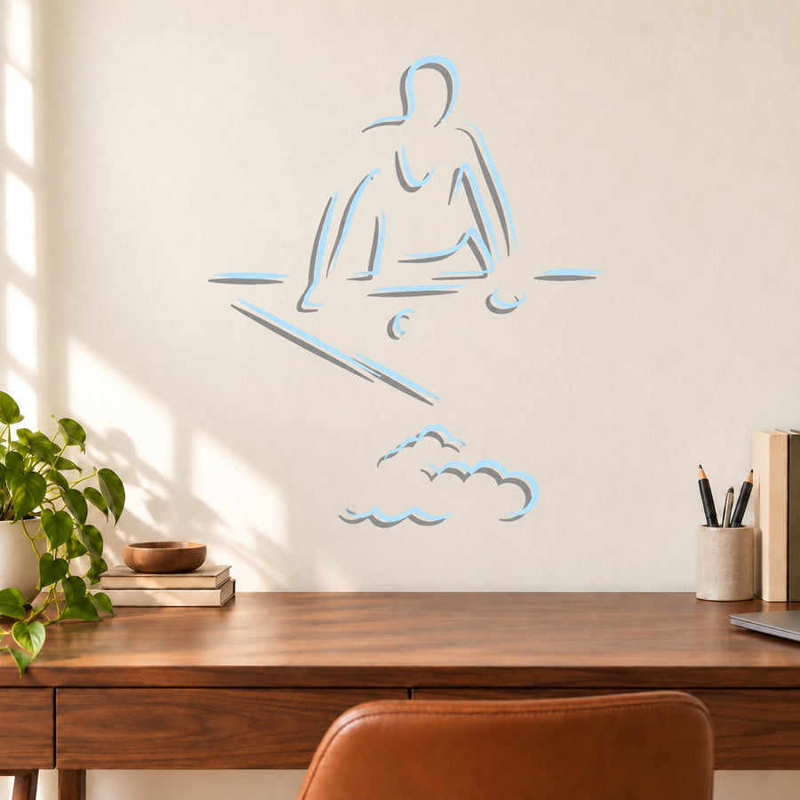 Blue line-art billiard player wall decal with cue and cloud shapes
