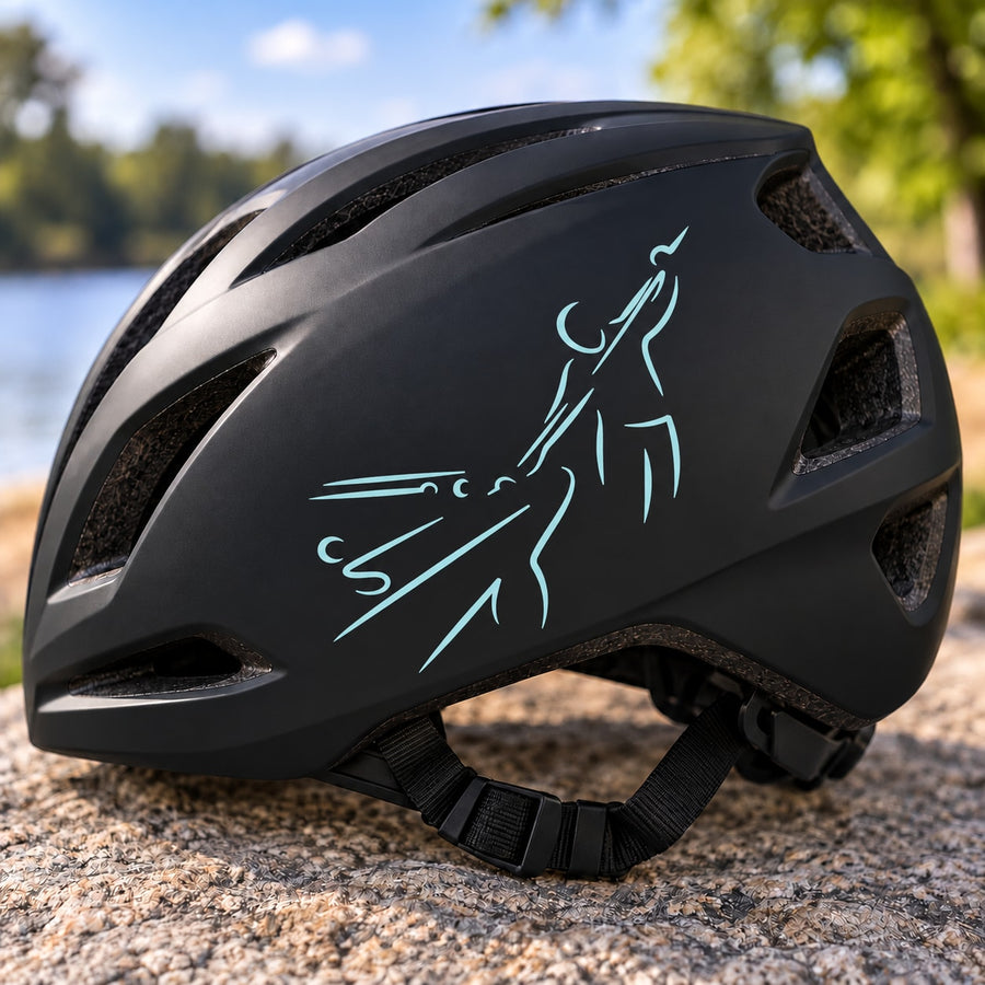 Black bicycle helmet with teal billiard player decal and cue marks