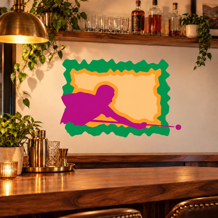Colorful billiard player profile sticker with purple figure, orange cue, and green border
