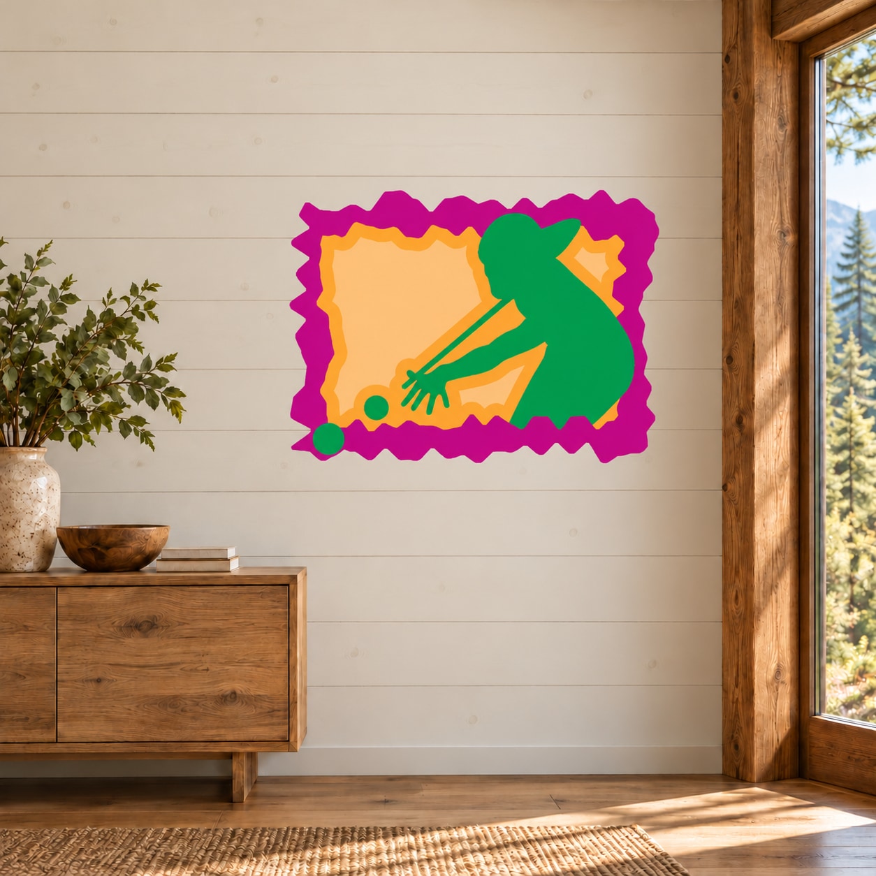 Colorful billiard player sticker with green cue, two balls, and purple scalloped border