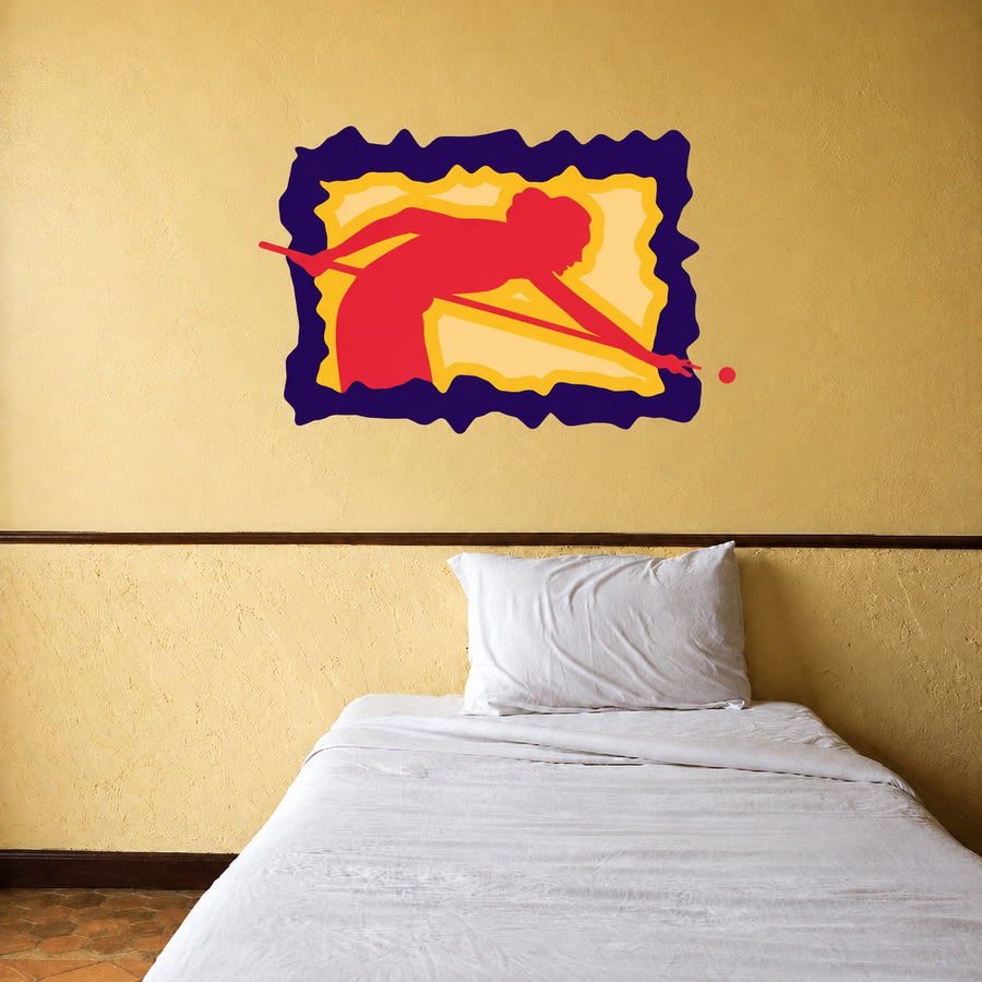 Colorful billiard player leaning over wall sticker, red and yellow silhouette