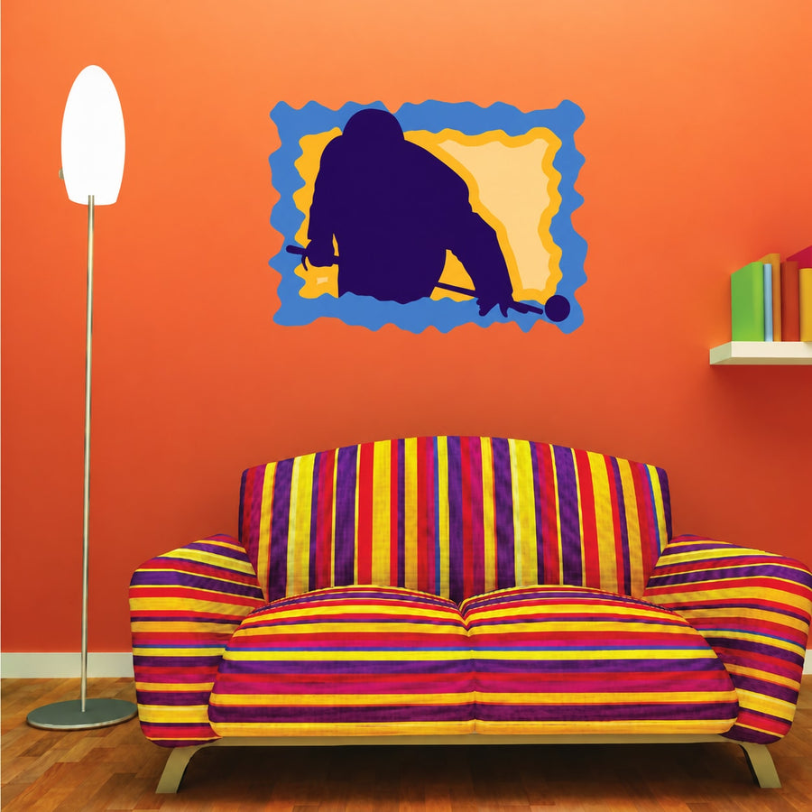 Billiard player striking a ball wall sticker, dark purple figure with blue and yellow border