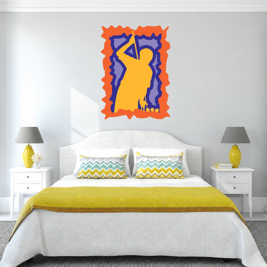 Billiard player holding cue stick wall sticker, blue and yellow with orange frame