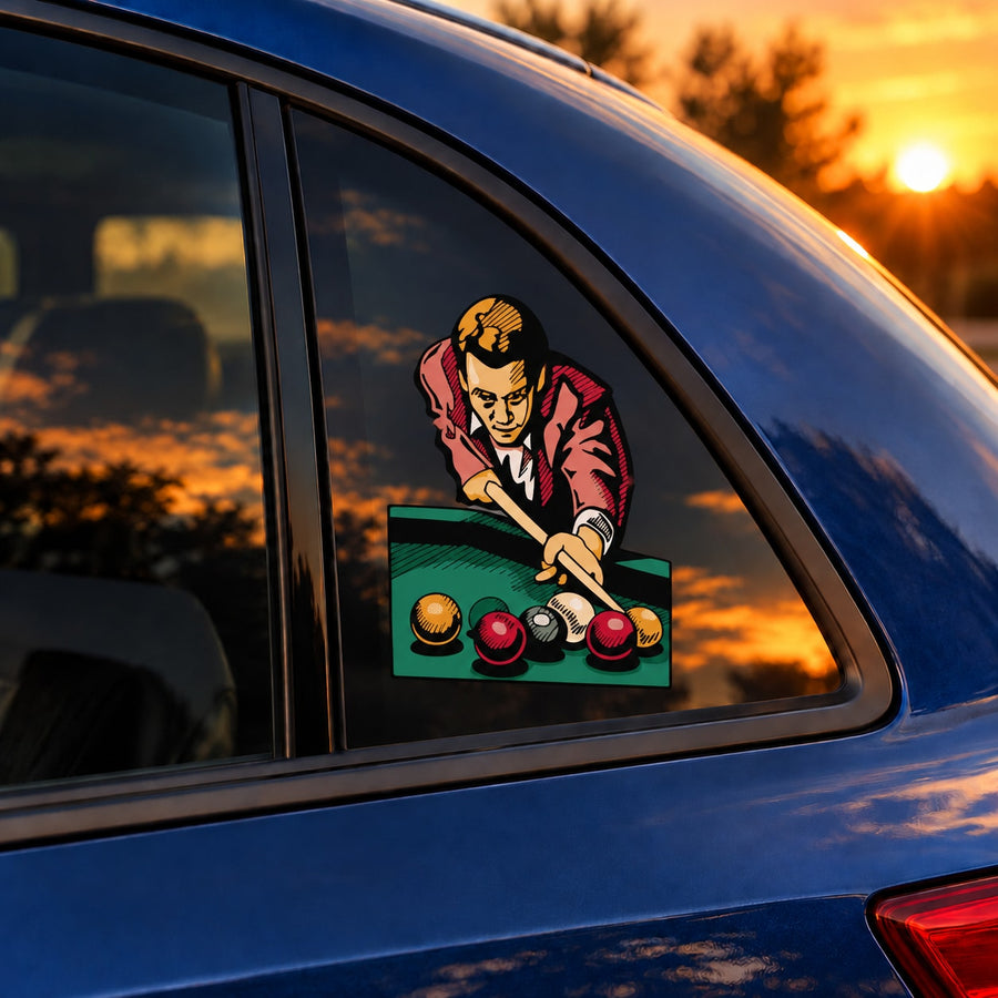 Billiard splitting balls decal with illustrated player and multicolored billiard balls
