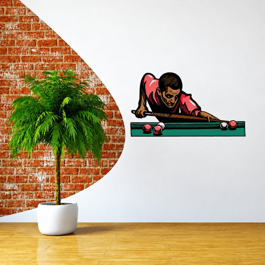Billiard player pose sticker with red-clad man aiming a pool cue on a green table