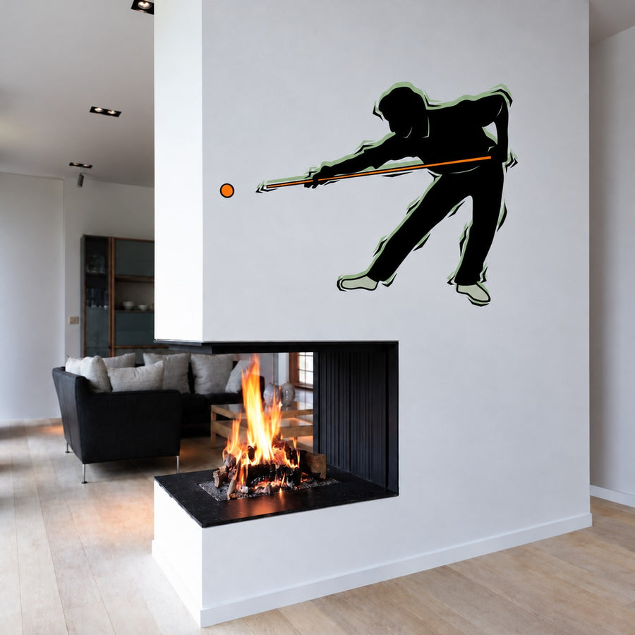Billiard player wall decal with pool cue and orange ball spot