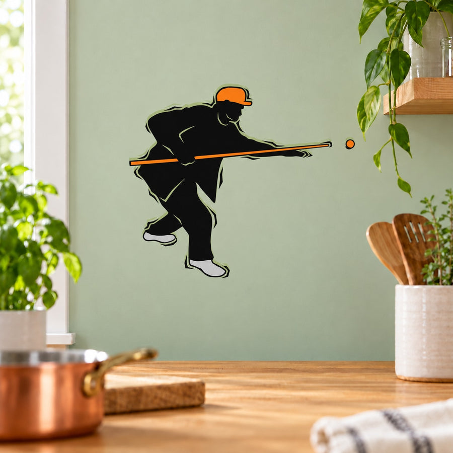 Billiard player wall decal: black silhouette with orange hat, cue stick, and ball