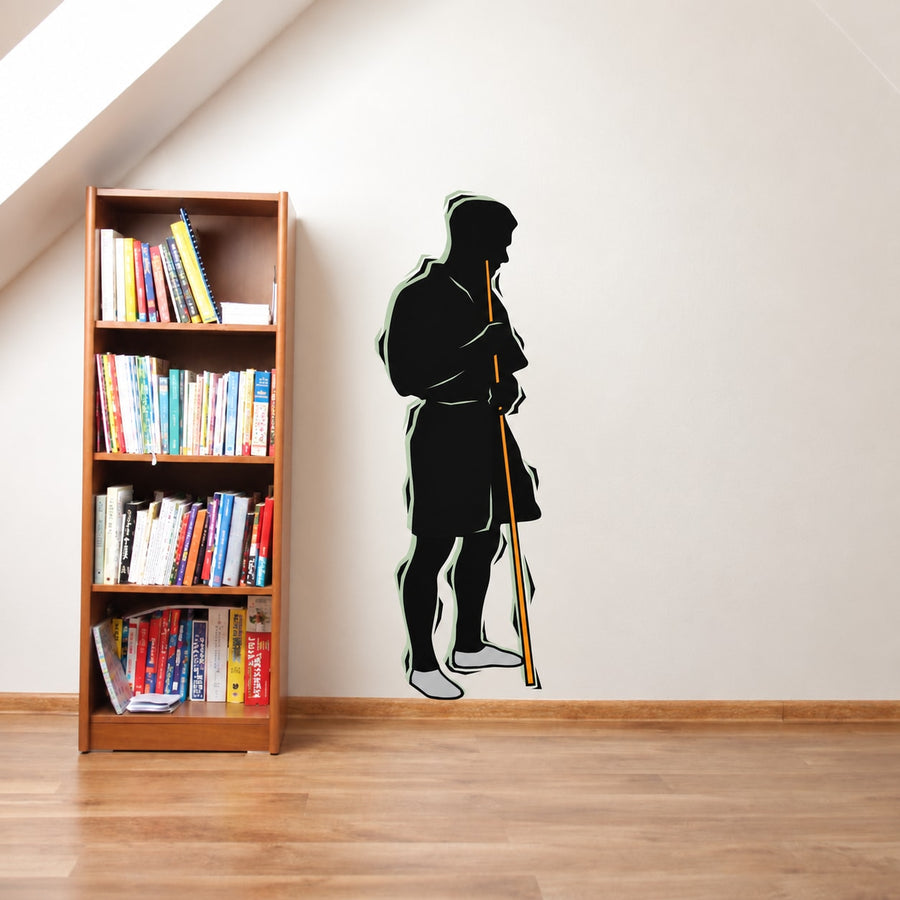 Billiard player standing decal silhouette holding cue stick, black with green outline