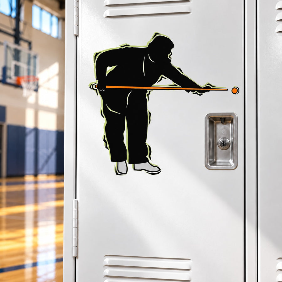 Black billiard player wall decal with orange cue ball and yellow outline