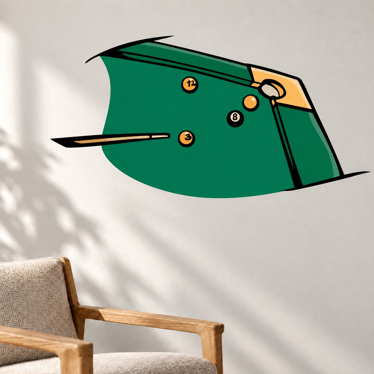 Billiard corner table wall sticker with green felt and numbered solid balls