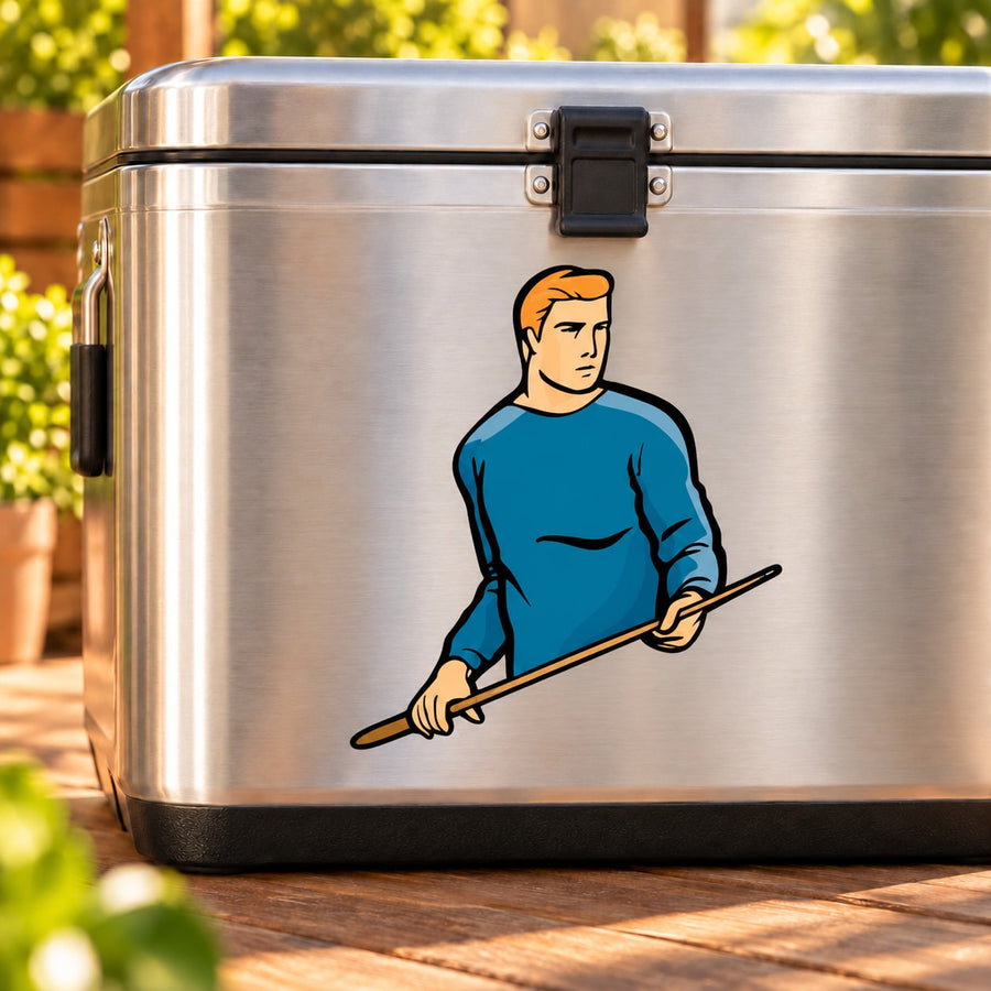 Billiard player decal of cartoon man in blue holding a pool cue, orange hair