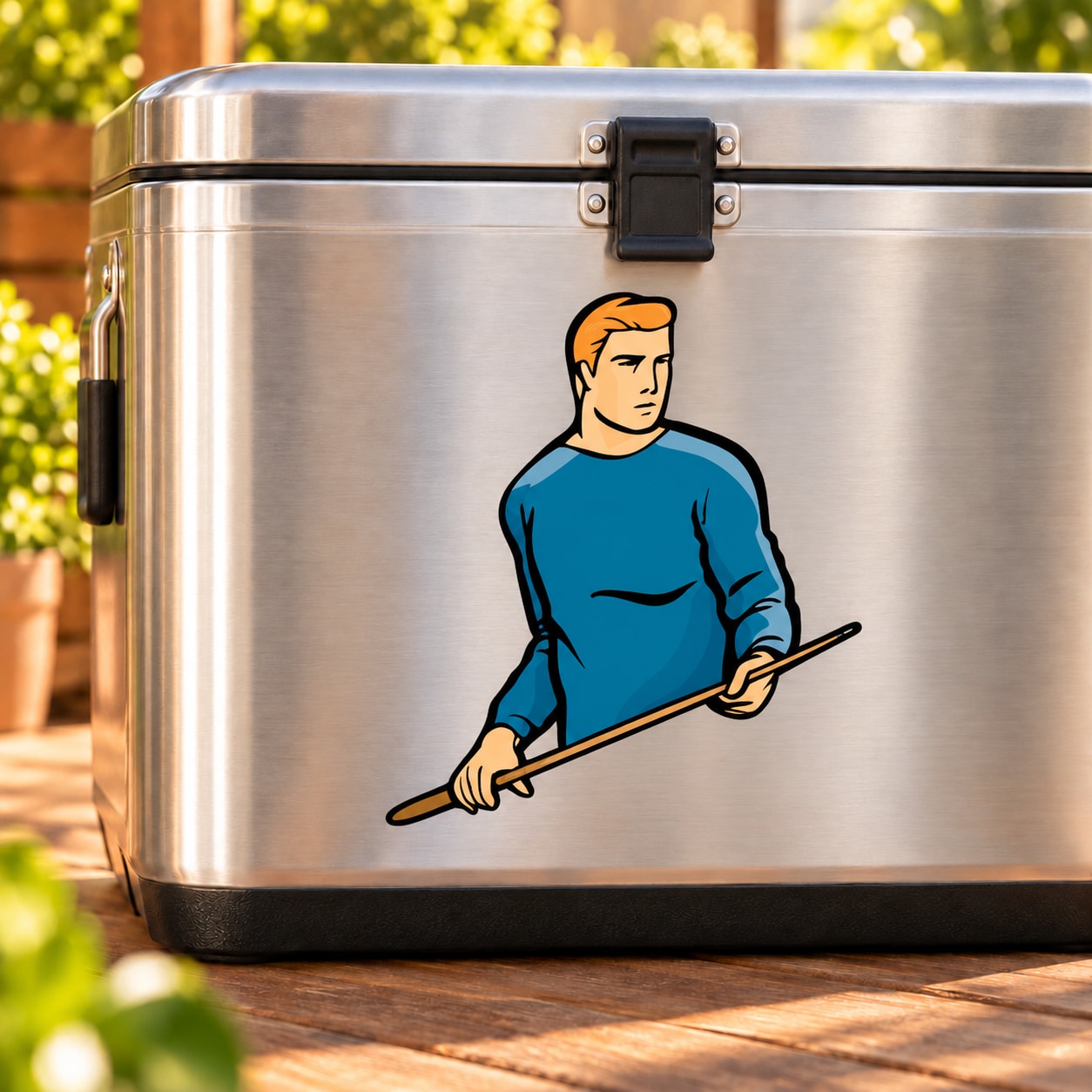 Billiard player decal of cartoon man in blue holding a pool cue, orange hair