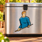 Billiard player decal of cartoon man in blue holding a pool cue, orange hair