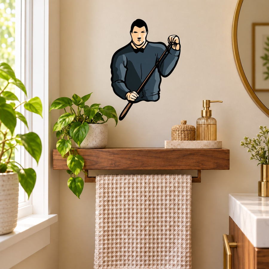 Billiard player cue stick sticker, cartoon man holding cue, black and blue design