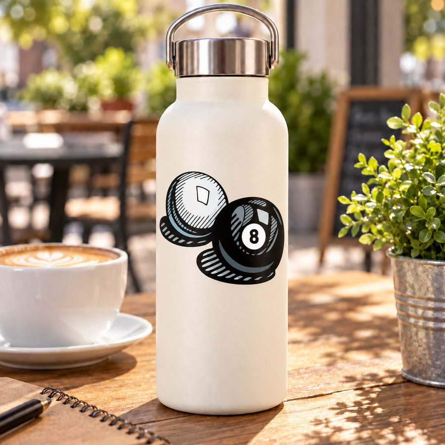 White bottle with black-and-white billiard 8 ball and solid white ball sticker