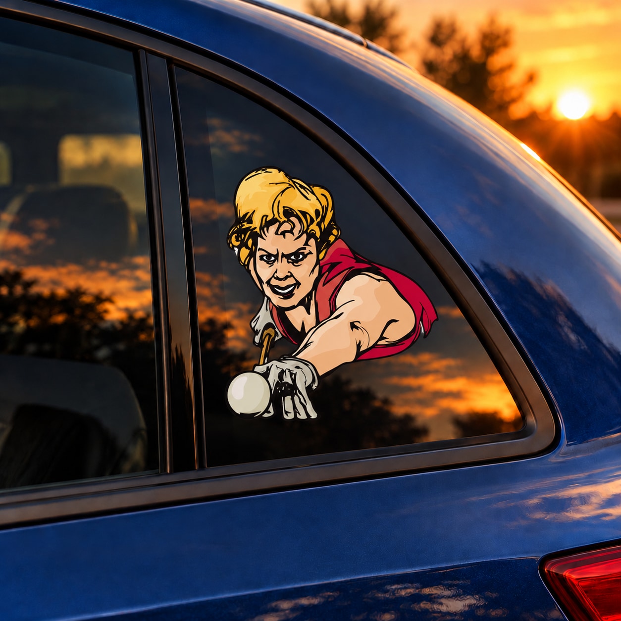 Billiard player graphic decal sticker with arm extended holding a cue ball on a car window