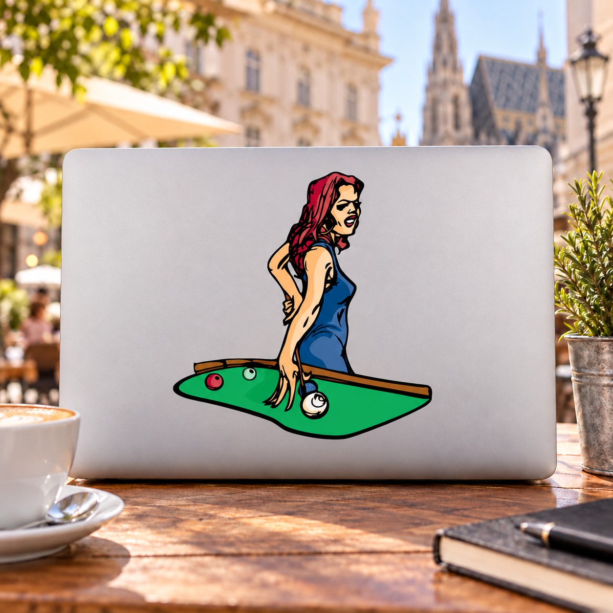 Billiard woman sticker: red-haired player striking a cue on a green felt table.